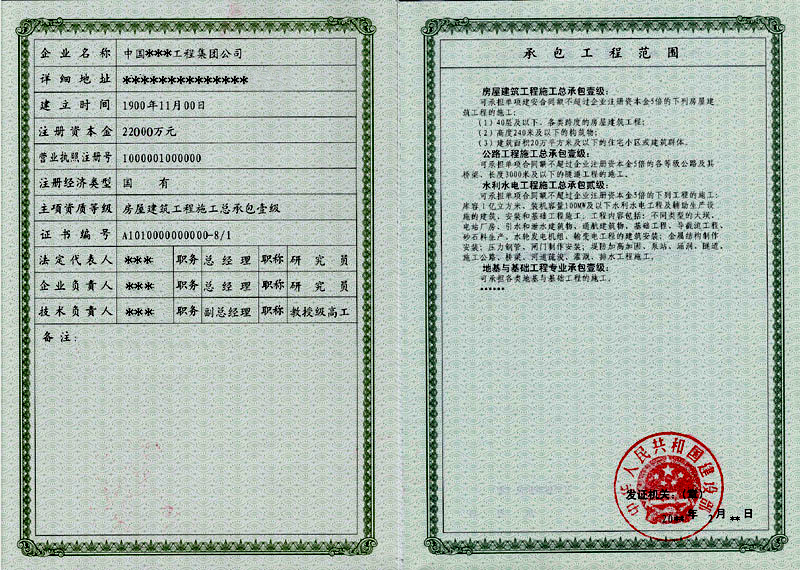 建設(shè)部工程類(lèi)綜合壹級(jí)資質(zhì)